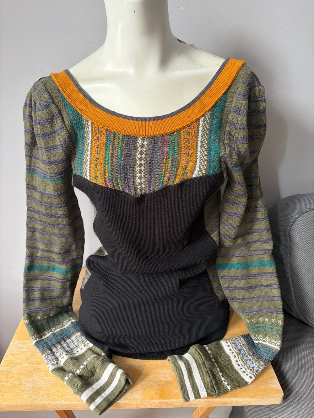 Free People Waffle Knit Open Back Striped Puff Sleeves Sweater